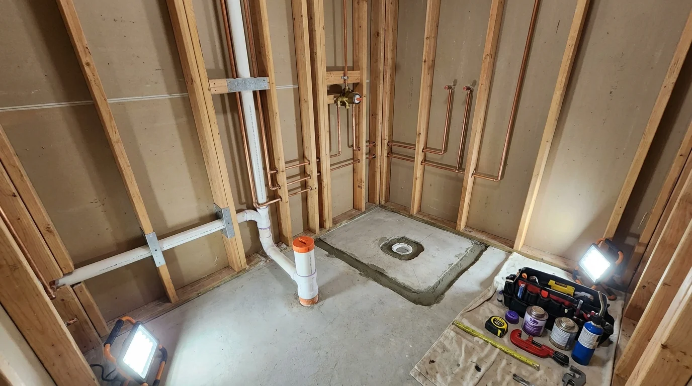 Bathroom rough-in plumbing during remodel by Johns Plumbing LLC in Succasunna