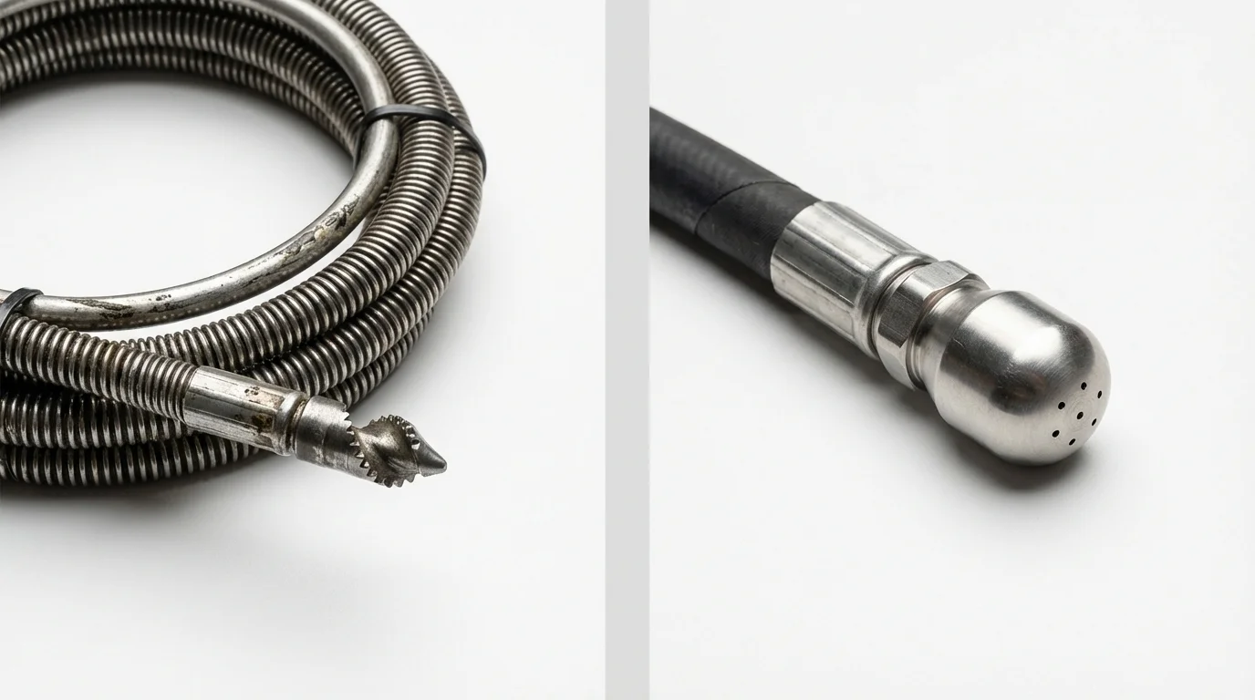 Drain snake cable and hydro jetting nozzle used for drain cleaning in Succasunna, NJ