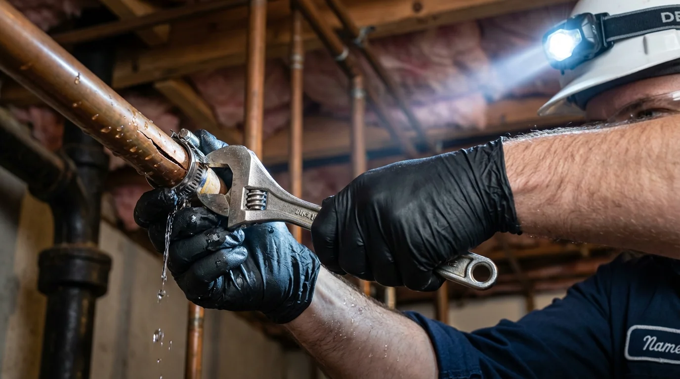 Emergency pipe clamp repair being performed by a Johns Plumbing LLC plumber in Succasunna