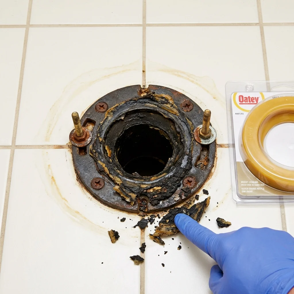 Failed wax ring showing water seepage at the base of a toilet in a Succasunna, NJ home