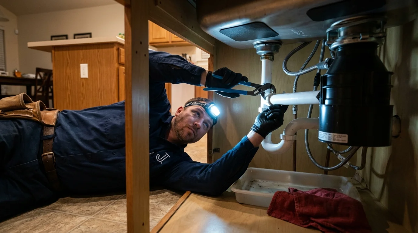 P-trap and supply line connections under a kitchen sink showing a common leak point in Succasunna, NJ